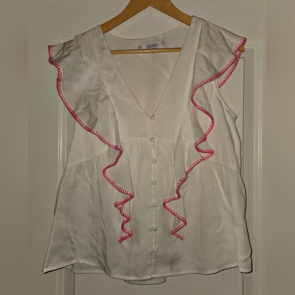Crosby V Neck White Blouse Embroidered Edged Pink Accent Ruffle Cap Sleeve M